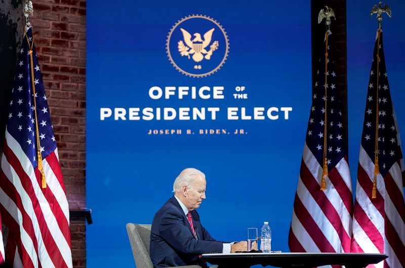 &copy; Reuters. U.S. President-elect Joe Biden holds videoconference meeting with U.S Conference of Mayors at his transition headquarters in Wilmington, Delaware