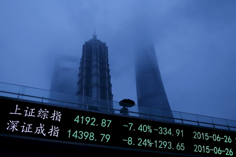 &copy; Reuters. A man walks past an electronic board showing the benchmark Shanghai and Shenzhen stock indices, on a pedestrian overpass at the Pudong financial district in Shanghai