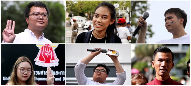 © Reuters. This combination of file pictures shows some of the protest leaders charged with insulting the monarchy in Thailand