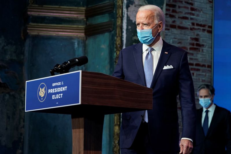 &copy; Reuters. El presidente electo de Estados Unidos, Joe Biden, llega a un acto para presentar a sus nominados a su equipo de seguridad nacional en la sede principal de su equipo de transición en Wilmington, Delaware