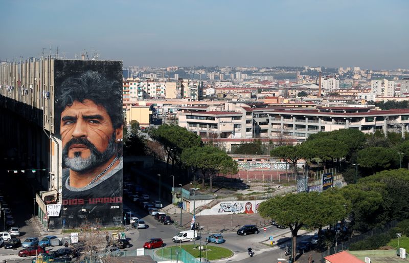 &copy; Reuters. A general view shows a mural by artist Jorit depicting late Argentine soccer legend Diego Maradona, in Naples
