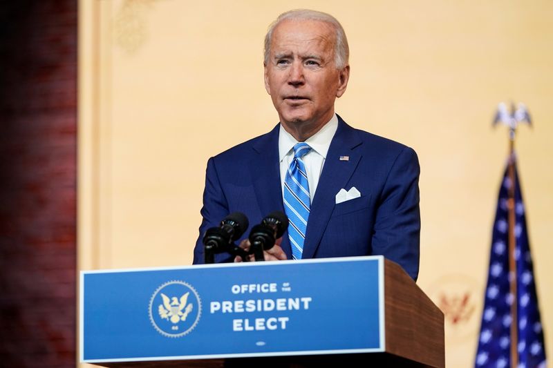 &copy; Reuters. U.S. President-elect Joe Biden delivers pre-Thanksgiving speech at transition headquarters in Wilmington, Delaware