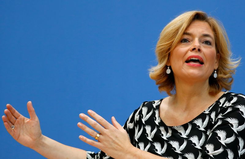 © Reuters. FILE PHOTO: German Minister of Food and Agriculture Julia Kloeckner addresses a news conference in Berlin
