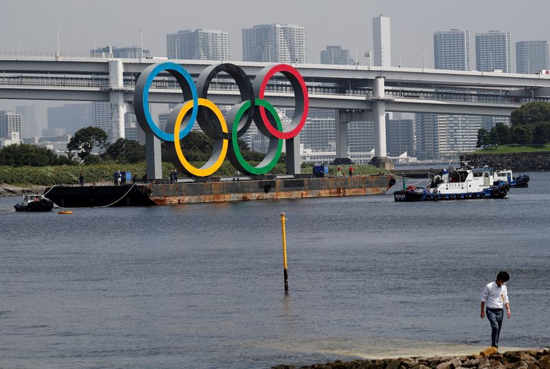 &copy; Reuters. FILE PHOTO: Boats tow the giant Olympic rings, which are being temporarily removed for maintenance, at the waterfront area at Odaiba Marine Park in Tokyo