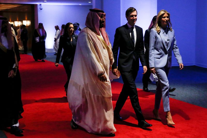 &copy; Reuters. FILE PHOTO: Saudi Arabia&apos;s Deputy Crown Prince Mohammed bin Salman escorts White House senior advisors Jared Kushner and Ivanka Trump at the Global Center for Combatting Extremist Ideology in Riyadh, Saudi Arabia