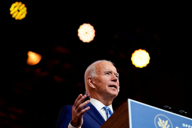 &copy; Reuters. U.S. President-elect Joe Biden delivers pre-Thanksgiving speech at transition headquarters in Wilmington, Delaware