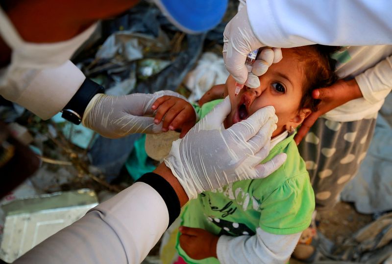 &copy; Reuters. Girl receives a polio vaccine during a three-day immunization campaign in Sanaa