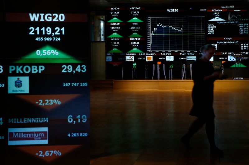 &copy; Reuters. A woman passes by stock exchange display panels in Warsaw