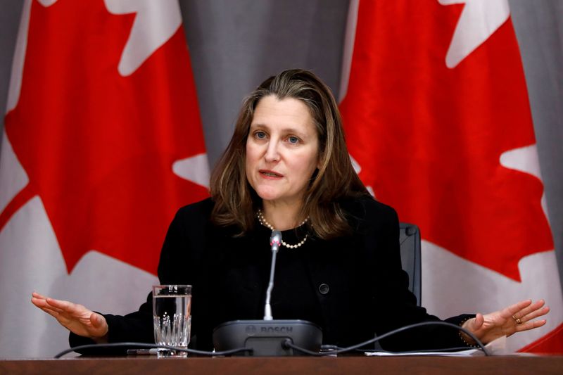 &copy; Reuters. FILE PHOTO: Canada&apos;s Deputy PM Freeland attends news conference on Parliament Hill in Ottawa