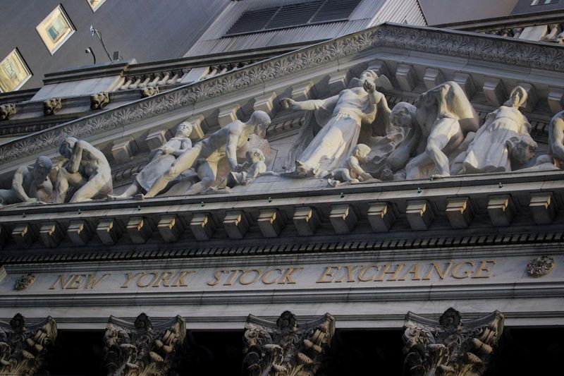 © Reuters. FILE PHOTO: The front facade of the NYSE is ssen in New York