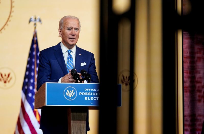 &copy; Reuters. U.S. President-elect Joe Biden delivers pre-Thanksgiving speech at transition headquarters in Wilmington, Delaware
