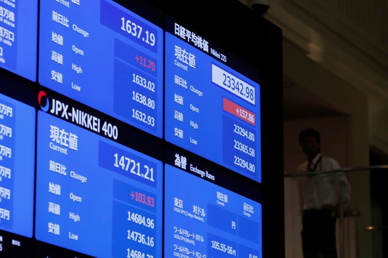 &copy; Reuters. Uno schermo mostra l&apos;andamento azionario alla Borsa di Tokyo