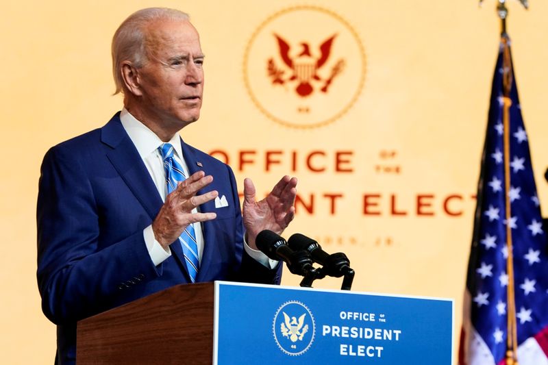 © Reuters. FILE PHOTO: U.S. President-elect Joe Biden delivers pre-Thanksgiving speech at transition headquarters in Wilmington, Delaware