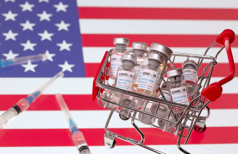 &copy; Reuters. A small shopping basket filled with vials labeled  &quot;COVID-19 - Coronavirus Vaccine&quot; and medical syringes are placed on a U.S. flag
