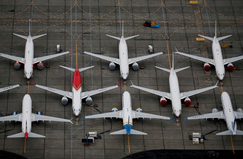 &copy; Reuters. FILE PHOTO: Grounded Boeing 737 MAX aircraft are seen parked at Boeing facilities at Grant County International Airport in Moses Lake