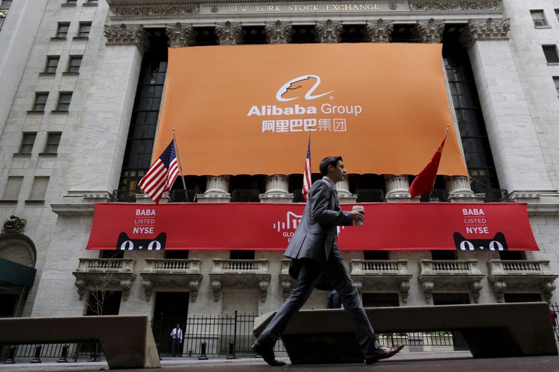 © Reuters. FILE PHOTO: Signage for Alibaba Group Holding Ltd. covers the front facade of the New York Stock Exchange