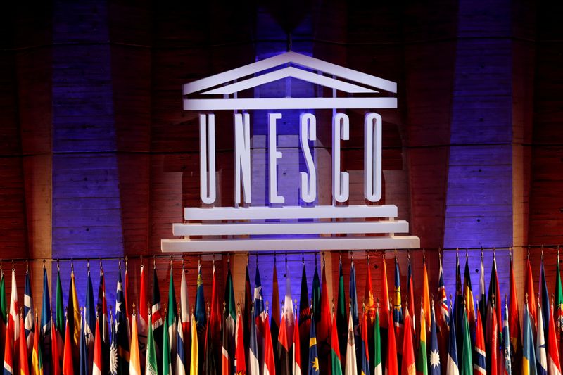 &copy; Reuters. FILE PHOTO: The UNESCO logo is seen during the opening of the 39th session of the General Conference of the UNESCO at their headquarters in Paris