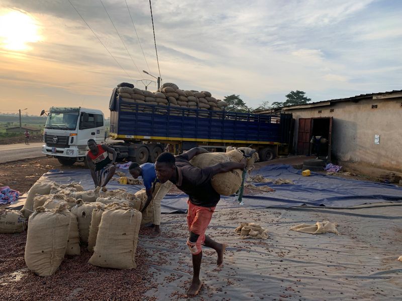 © Reuters. FILE PHOTO: A workers carries a cocoa bag to load it into a truck bound for the port of San Pedro, at a cocoa cooperative in Duekoue