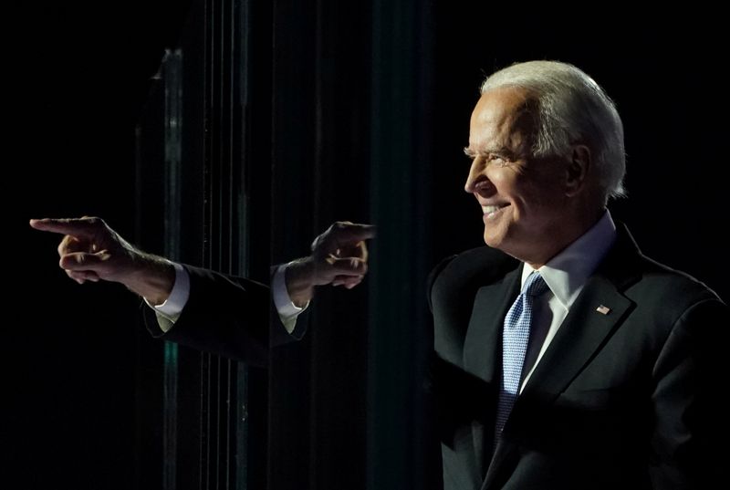 &copy; Reuters. FILE PHOTO: Democratic 2020 U.S. presidential nominee Joe Biden points a finger at his election rally in Wilmington