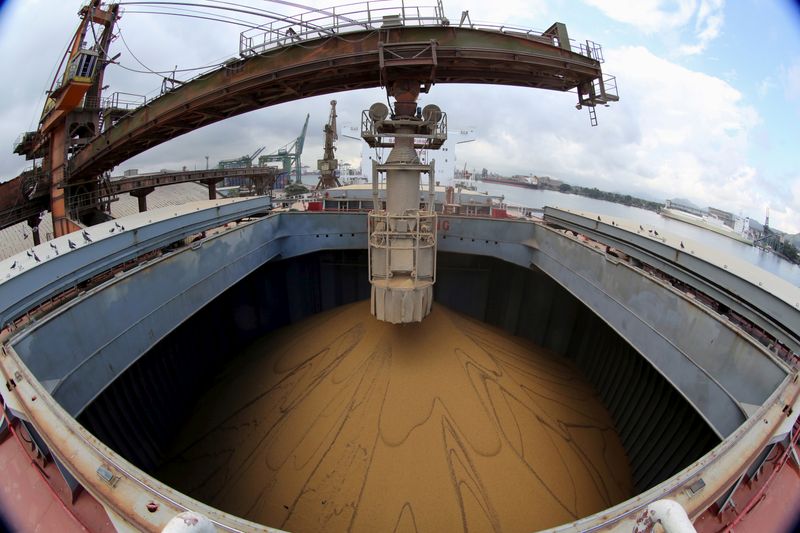 &copy; Reuters. FILE PHOTO: A Chinese ship is loaded with soybeans at Port of Santos