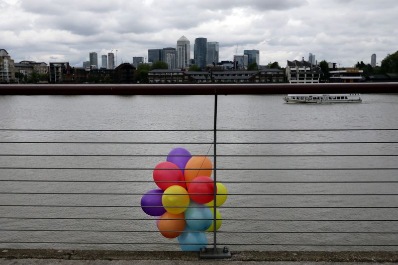 © Reuters. FILE PHOTO: Balloons are tied to railings facing the financial district of Canary Wharf at Greenwich, South London