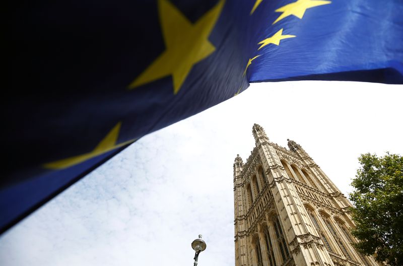 &copy; Reuters. A flag of the European Union is pictured outside the Houses of the Parliament in London