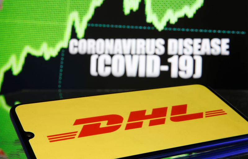 © Reuters. FILE PHOTO: DHL logo is seen in front of diplayed coronavirus disease (COVID-19)
