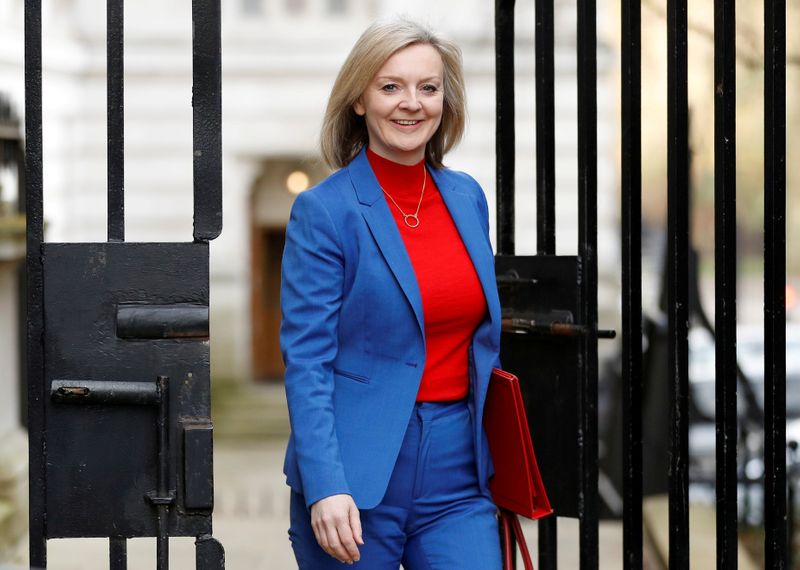 © Reuters. FILE PHOTO: Britain's Secretary of State of International Trade and Minister for Women and Equalities Liz Truss is seen outside Downing Street in London