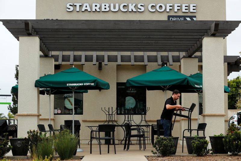 &copy; Reuters. FILE PHOTO: A worker puts away patio furniture at a Starbucks Corp drive-through location closes down this afternoon for anti-bias training as the coffee chain closed all 8,000 of their company-owned cafes in the U.S. including this location in Oceanside,