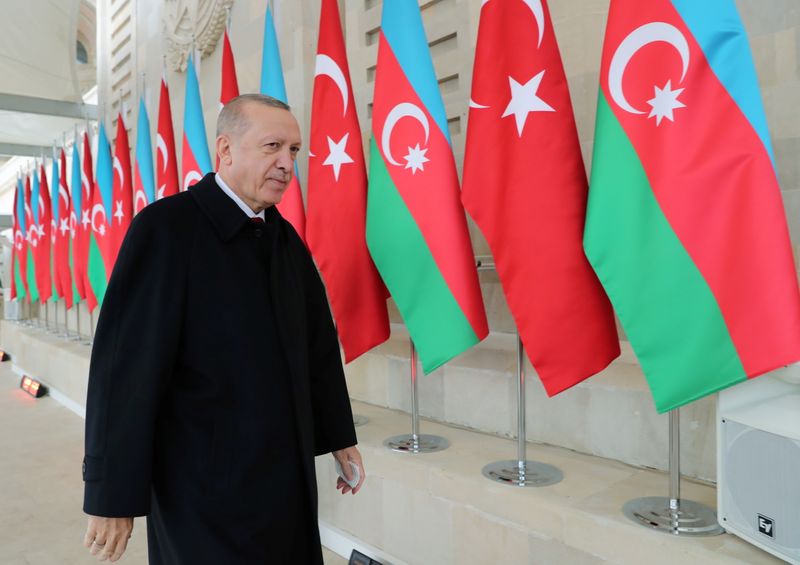 &copy; Reuters. Turkish President Erdogan attends a military parade in Baku