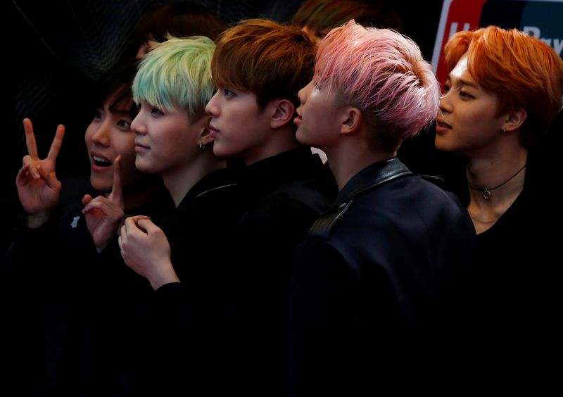 &copy; Reuters. FILE PHOTO: Members of South Korean K-Pop band BTS react on the red carpet during 2015 Mnet Asian Music Awards in Hong Kong