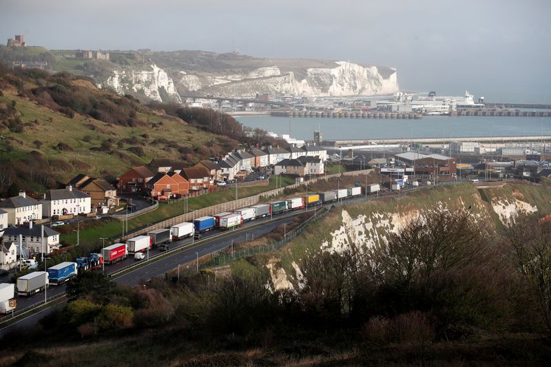 &copy; Reuters. Lorries queue on the route into the port of Dover to board ferries to Europe