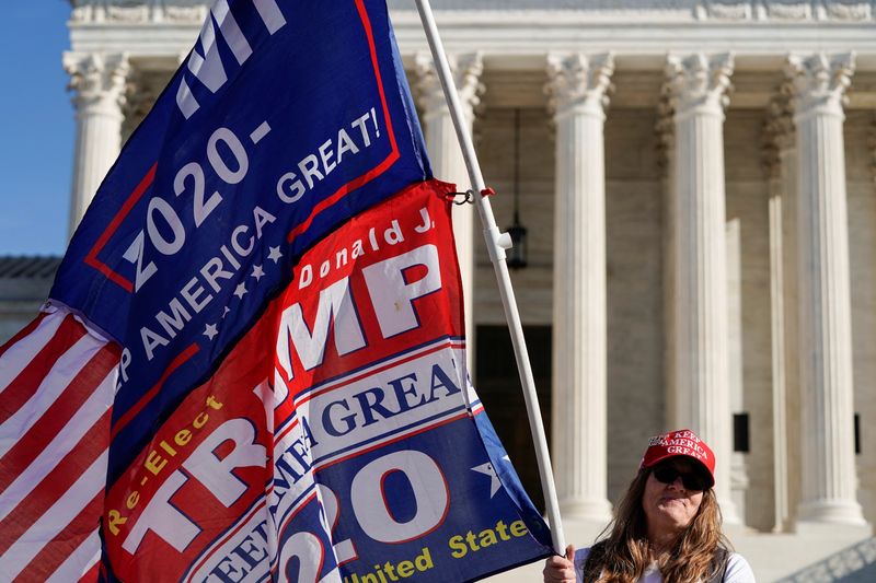 © Reuters. Supporters of U.S. President Donald Trump hold a flag at the Supreme Court in Washington