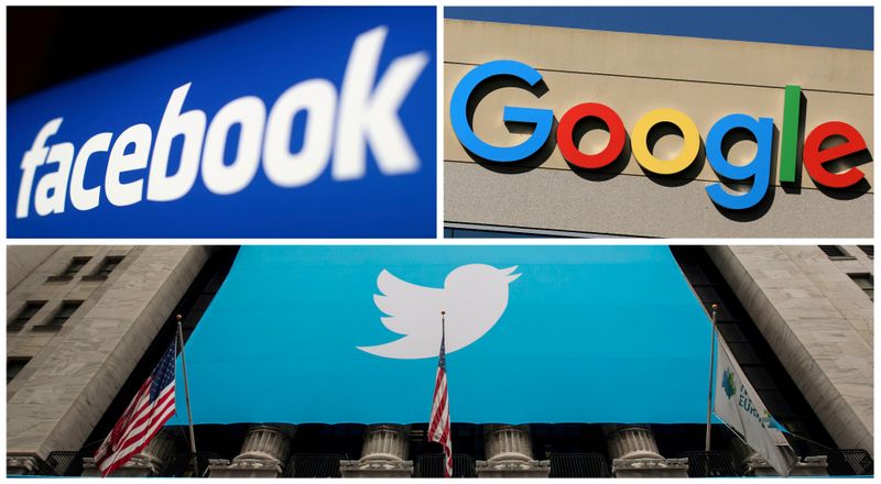 &copy; Reuters. FILE PHOTO: A combination photo from files of Facebook Google and Twitter logos