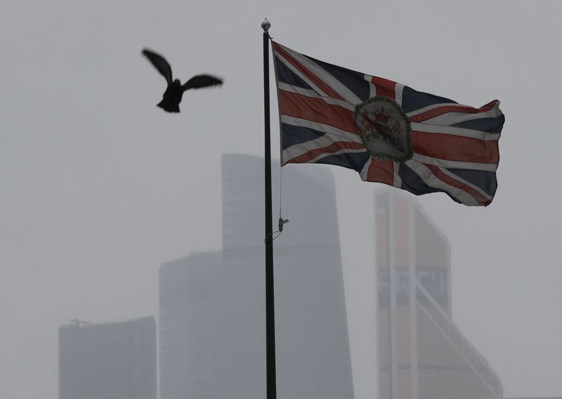 &copy; Reuters. FILE PHOTO: The British flag flies on the embassy building in front of the Moscow International Business Center in Moscow