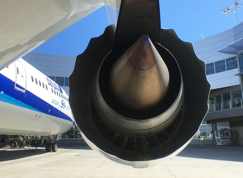 © Reuters. FILE PHOTO: A Rolls-Royce engine is seen on a Boeing 787-9 Dreamliner owned by ANA Holdings Inc. in Everett