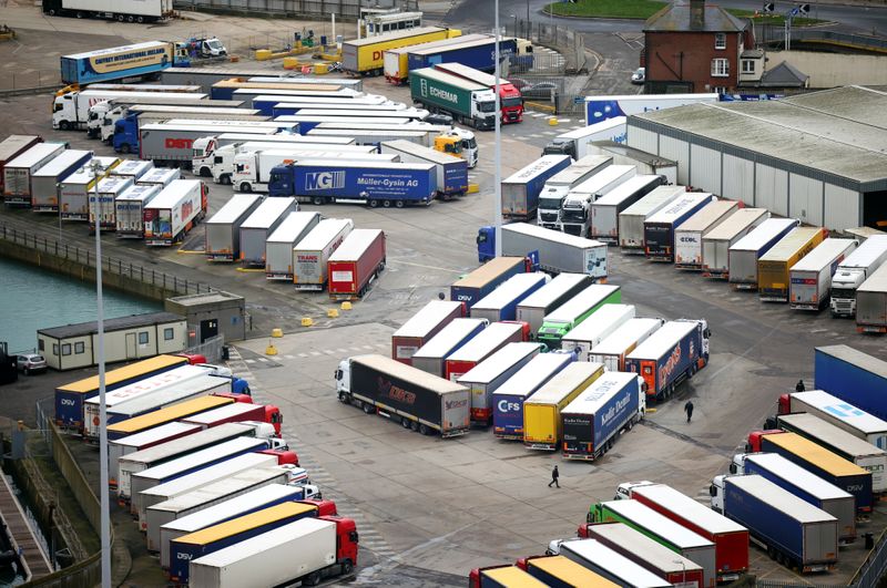 © Reuters. Lorries are parked up in the Port of Dover