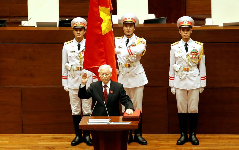 &copy; Reuters. FILE PHOTO: Vietnam&apos;s Communist Party General Secretary Nguyen Phu Trong takes his oath of office after being elected as Vietnam&apos;s State President during a National Assembly session in Hanoi