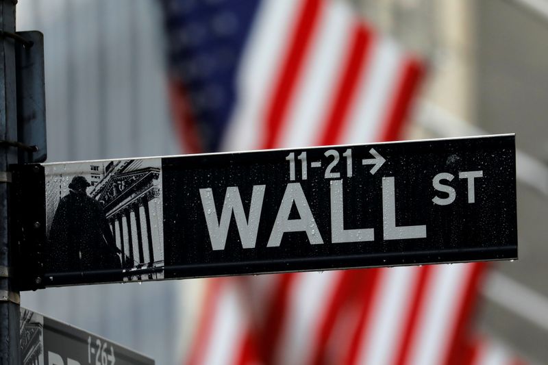 © Reuters. FILE PHOTO: Raindrops hang on a sign for Wall Street outside the New York Stock Exchange in New York