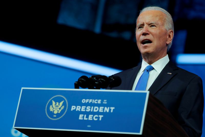 &copy; Reuters. FILE PHOTO: U.S. President-elect Joe Biden delivers a televised address to the nation in Wilmington