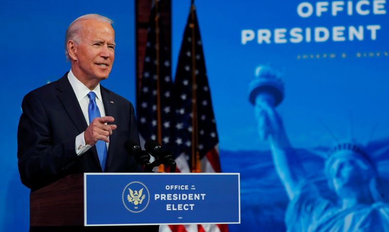 &copy; Reuters. U.S. President-elect Joe Biden delivers a televised address to the nation in Wilmington