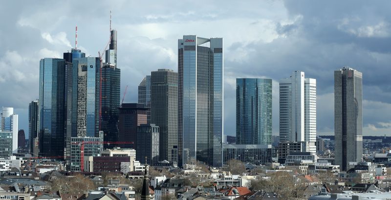 &copy; Reuters. FILE PHOTO: The financial district with Germany&apos;s Deutsche Bank and Commerzbank is pictured in Frankfurt