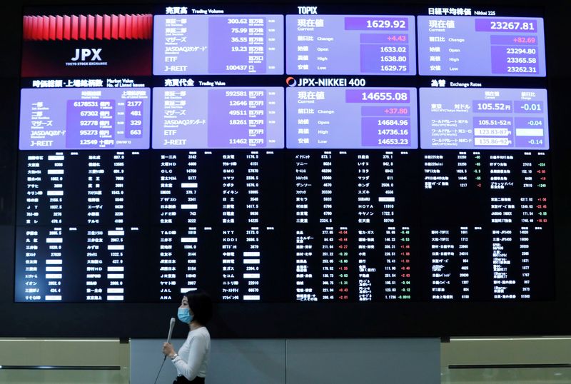 &copy; Reuters. Un giornalista televisivo di fronte a un grande schermo che mostra i prezzi delle azioni alla Borsa di Tokyo