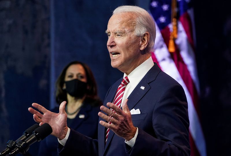 &copy; Reuters. FILE PHOTO: U.S. President-elect Joe Biden speaks in Wilmington, Delaware