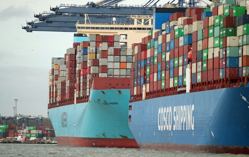 &copy; Reuters. FILE PHOTO: Containers are seen aboard the the CSCL Mercury at the Port of Felixstowe, in Felixstowe