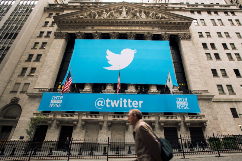 &copy; Reuters. FILE PHOTO: A sign displays the Twitter logo on the front of the New York Stock Exchange ahead of the company&apos;s IPO in New York