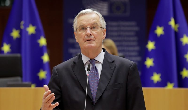 © Reuters. EU chief Brexit negotiator Michel Barnier addresses the European Parliament in Brussels