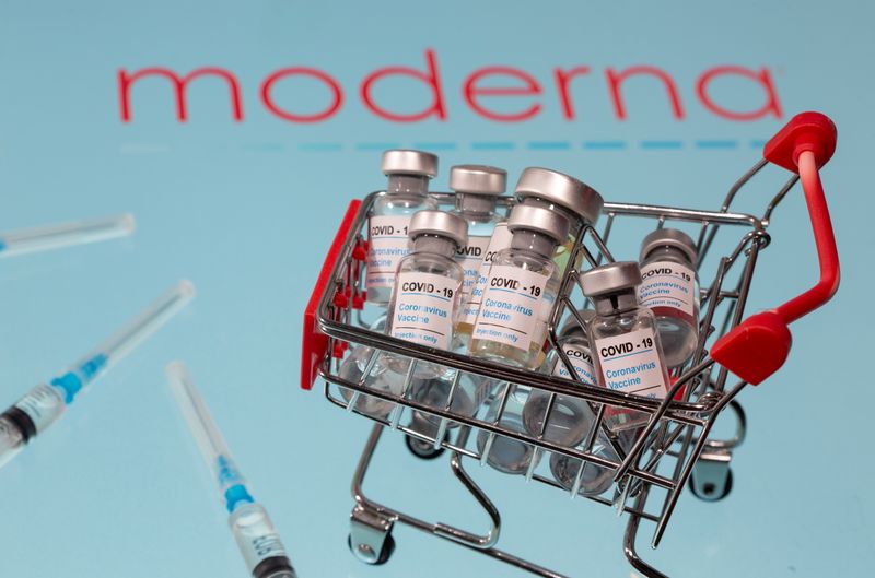&copy; Reuters. A small shopping basket filled with vials labeled &quot;COVID-19 - Coronavirus Vaccine&quot; and medical sryinges are placed on a Moderna logo