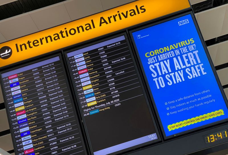 &copy; Reuters. FILE PHOTO: A public health campaign message is displayed on an arrivals information board at Heathrow Airport, following the outbreak of the coronavirus disease (COVID-19), London, Britain