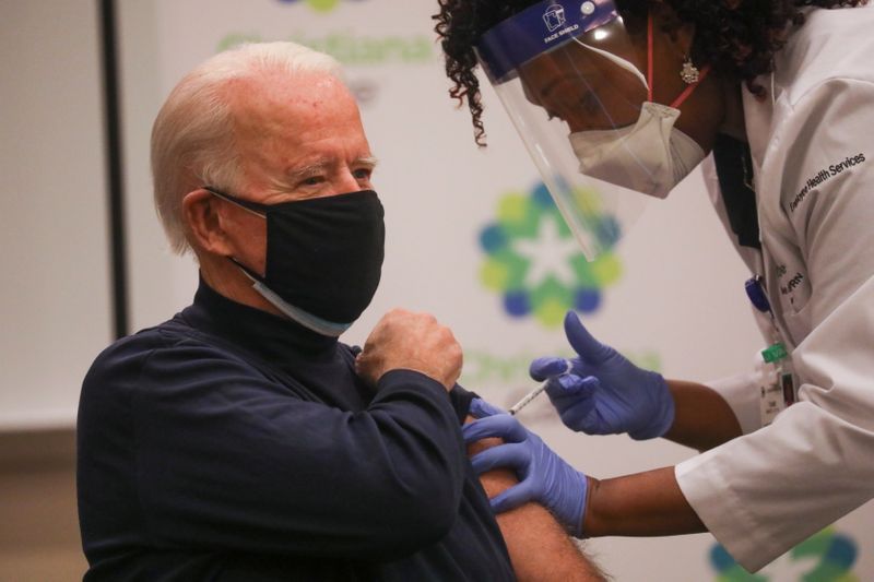 &copy; Reuters. U.S. President-elect Joe Biden receives a dose of a COVID-19 vaccine at ChristianaCare Christiana Hospital in Newark